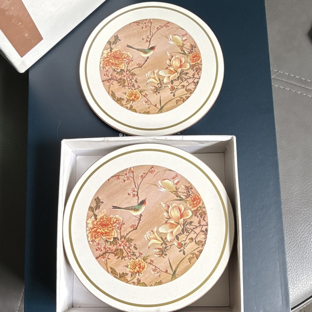 English Life 6pc Round Cork Coaster Set Oriental Birds & Flowers Vintage England - Picture 3 of 7